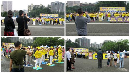 图5:法轮功学员集体炼功及贺寿的场面吸引中国大陆游客驻足观看。