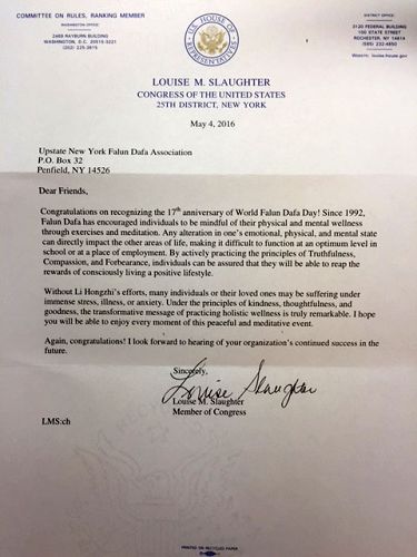 图10:纽约州第二十五选区国会议员Louise Slaughter为“世界法轮大法日”发来贺信