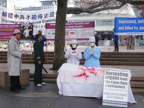新西兰奥克兰市中心的奥缇亚广场上,法轮功学员模拟演示中共活摘器官