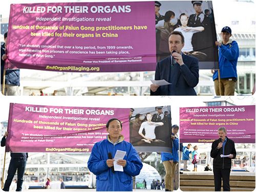 图4:新西兰部分法轮功学员在奥克兰市中心著名的奥提(Aotea)广场集会反迫害,奥克兰市公民权委员会主席博瑞•威尔森(Barry Wilson)先生在奥克兰集会上发言(上);活摘亲历者法轮功学员黄国华在奥克兰集会上发言(左下);著名人权律师凯瑞•高尔(Kerry Gore)先生(右下)在奥克兰集会上表达对法轮功的支持。
