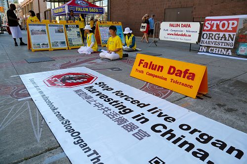 图1-3:七月三十日,法轮功学员在渥太华市中心最繁华的拜沃德市场(ByWard Market)前,通过展板、横幅以及向主流社会曝光发生在中国的活摘法轮功学员器官的罪恶,许多民众驻足了解真相。