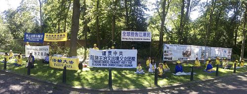 '图1、2:法轮功学员在中国驻荷兰海牙领事馆前声援王治文'