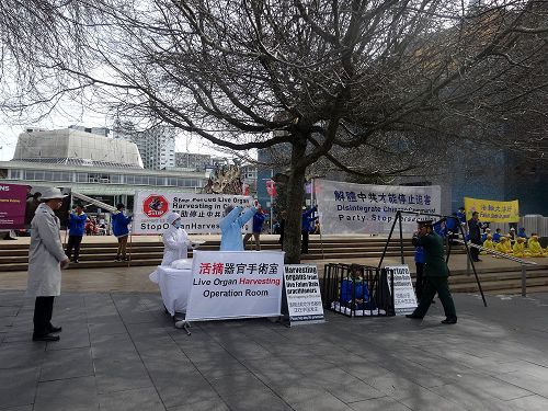 图1:奥克兰法轮功学员在市中心的奥缇亚(Aotea)广场举行“停止迫害法轮功,揭露中共活摘法轮功学员器官罪恶”的反迫害活动。
