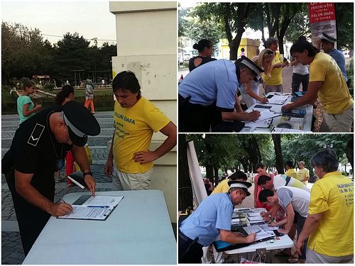 各地公园征签活动中,警察们驻足签名支持反迫害
