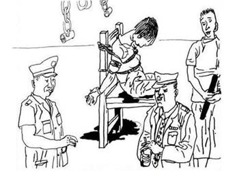 中共监狱酷刑示意图:背铐在椅子上