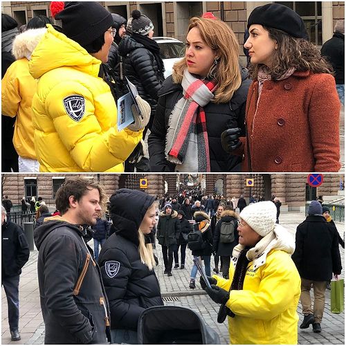 '图1:圣诞节前在斯德哥尔摩市中心、最热闹地皇宫旁的钱币广场上,法轮功学员讲述中共迫害的事实真相。'
