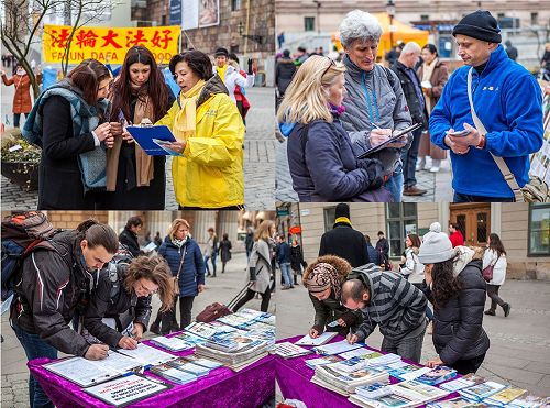 '图3:明白了真相的人们主动签名,支持法轮功学员反迫害'