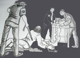 中共酷刑示意图:铐地环并电击