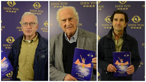 '图6:阿根廷驻联合国前大使Felipe Frydman(左)、阿根廷联邦参议员Fernando Solanas(中)、剧院总裁Guido Martinez Carbonell先生观看了四月十五日晚的神韵演出。'