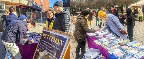 '图5:明白真相的瑞典民众在制止中共活摘器官的征签簿上签名,支持法轮功学员反迫害'