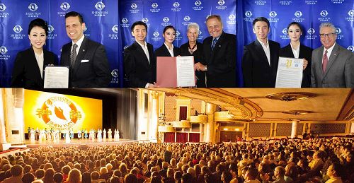 '图12:四月二十九日晚来到来奥本尼-斯克内克塔迪市神韵演出现场,宣读并向神韵巡回艺术团的代表颁发褒奖。图从左至右:州参议员约安吉洛·桑塔巴拉(Angelo Santabarbara),约翰·博纳奇携夫人(John Bonacic)和詹姆斯·太迪思克(James Tedisco)为神韵演出颁奖。'