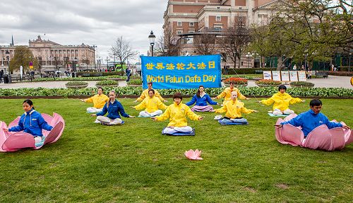 瑞典法轮功学员聚集在首都斯德哥尔摩樱花盛开的皇家花园,提前庆祝即将来临的“五一三世界法轮大法日”。他们在演示法轮功第五套功法。