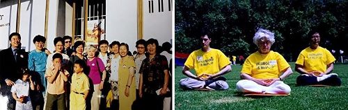 '图3:左图:二零零一年,伊莲在美国华盛顿与同修在一起,图中穿玫红色衣服的为伊莲,右边的白衣女士是王大姐;右图:伊莲(图中)在公园打坐炼功。'