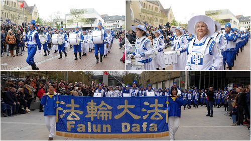 图2-4:法轮大法队伍在比利时根克五月节游行中与民众同庆