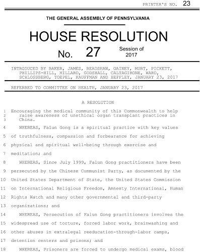 '图2:美国宾州众议院于2017年4月25日全票通过第27号议案,呼吁医学界与社会公众一起来谴责和制止在中国大陆发生的活体摘取器官这一罪行。'