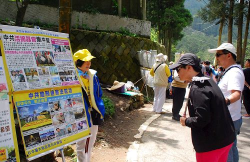 '图6-7,中国大陆游客在阿里山景点看法轮功真相展板'