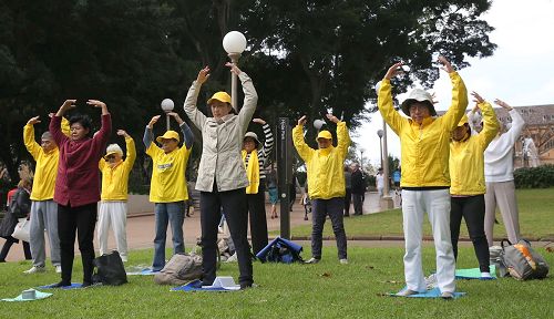 '图1:悉尼法轮功学员在市中心的海德公园集体炼功和讲真相。'