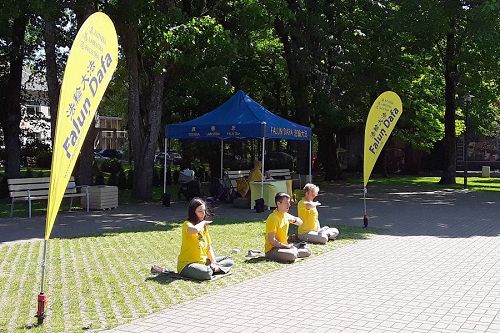 '图3:法轮功学员在展示功法'