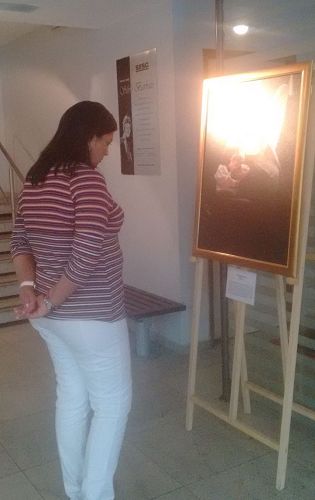 '图6:Luciana女士正在认真观看“真善忍美展”的画作。'
