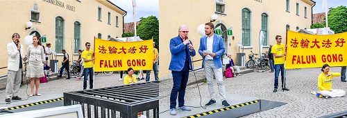 '图2:七月五日,环境党国会议员尼克拉斯·马默贝耶(Niclas Malmberg)先生(左图)和温和党国会议员汉斯·罗森贝耶(Hans Rothenberg)先生(右图)在法轮功学员的活动中发表演讲,声援法轮功学员反迫害。'