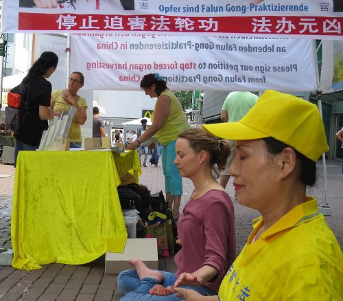 '图1:法轮功学员在乌尔姆市中心揭露中共迫害法轮功'