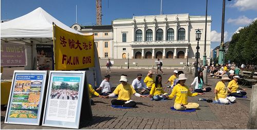 '图1~2:法轮功学员在瑞典哥德堡的古斯道夫广场上演示功法'
