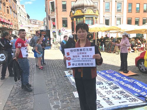 '图1:丹麦法轮功学员魏再群在哥本哈根闹市区向世人述说她的家人遭受迫害致死的遭遇。'
