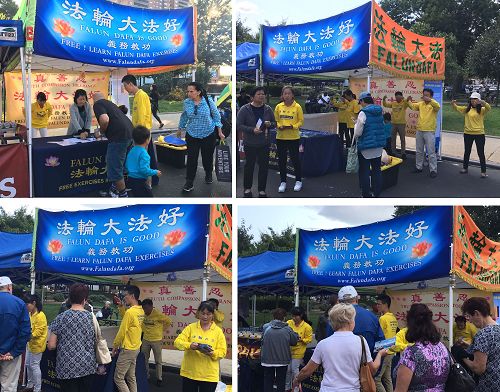 图2:九月十日,法轮功学员在皇后大道街市上介绍法轮大法。