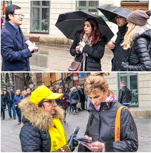 '图2:法轮功学员冒雨面对面向当地民众介绍什么是法轮功、讲述法轮功在中国无辜遭受迫害的事实真相。'