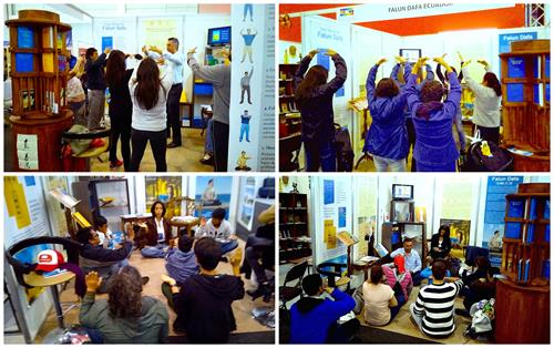 图1~2: 在书展上,络绎不绝的人群几乎都来到了法轮功展台参观学炼功法