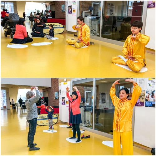 '图2~3:二月十七日,真善忍美展最后一天是大年初二,法轮功学员在东部高中大厅里,演示法轮功的功法,并义务教功,给瑞典民众讲真相、送祝福。'