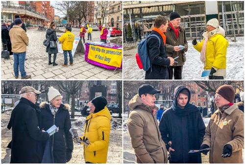 '斯德哥尔摩市中心,法轮功学员向当地民众介绍什么是法轮功以及中共迫害法轮功、活摘法轮功学员器官的事实真相。'
