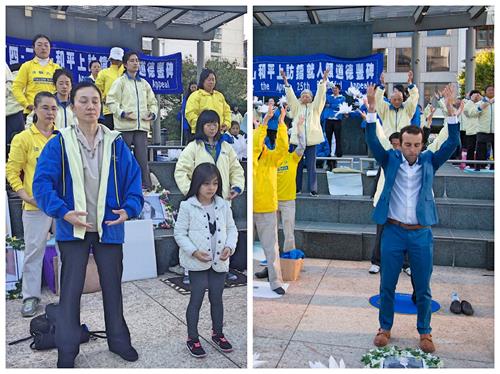 '图1~3:二零一八年四月二十一日下午,旧金山湾区法轮功学员在位于旧金山市中心繁华购物区的联合广场举办纪念“‘四•二五’上万名中国法轮功学员北京和平上访十九周年”活动。图为法轮功学员正在演示功法。'