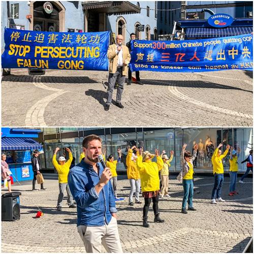 '图5:法轮功学员透过扬声器用英、瑞文向来自世界各地的民众讲述四·二五经过和背景,揭露中共迫害法轮功学员以及活摘法轮功学员器官的罪恶,同时介绍三退(退党、退团、退队)大潮。'