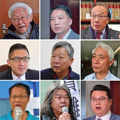 '图3:各界知名人士发声,谴责青关会恶行。上排左起:陈日君、胡志伟、梁家杰;中排左起:林卓廷、李卓人、梁耀忠;下排左起:蔡耀昌、梁国雄、尹兆坚。'