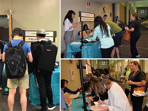 '图:活动现场,大学生们签名要求停止迫害'