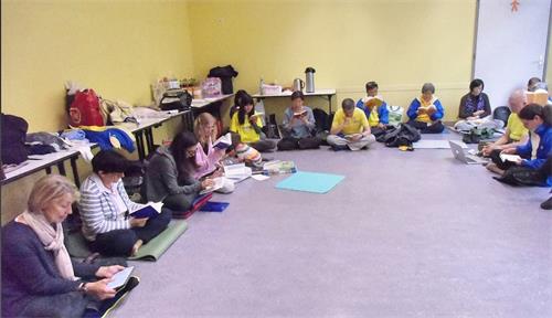 '图2~3:瑞士学员集体炼功、集体学法,庆祝世界法轮大法日。'