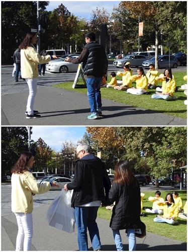'图6:在广场的路旁,法轮功学员正在发资料'