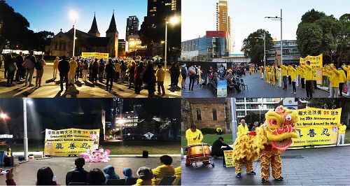 图6:五月十一日,在悉尼帕拉玛塔(Parramatta City)市政厅广场上法轮功学员从下午到晚上庆祝“世界法轮大法日”