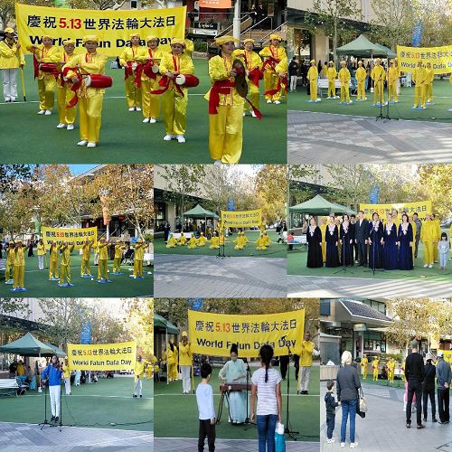 图9:五月十九日,悉尼法轮功学员在Hornsby主街上举行“世界法轮大法日”庆祝活动
