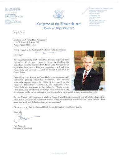 '图1:德州第三十二选区国会议员彼得·赛申斯(Pete?Sessions)的贺信'