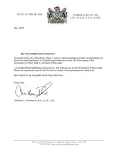 '图10:安河北部城市苏圣玛丽(Sault Ste. Marie)市长Christian Provenzano的贺信'