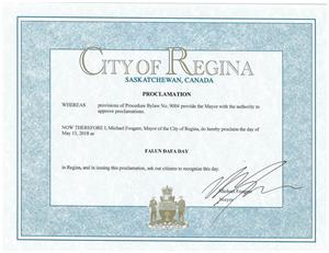 '图14:萨斯喀彻温省省会–里贾纳市(Regina)市长褒奖法轮大法'