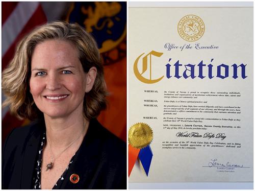 '图2:纽约长岛拉撒县(Nassau county executive)执行长劳拉•克阮(laura Curran)褒奖“世界法轮大法日”。'