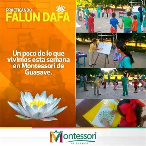'图5:两位学员在墨西哥瓜萨维(Guasave)城市校园里,教育孩子们“真、善、忍”理念美好的经历。'