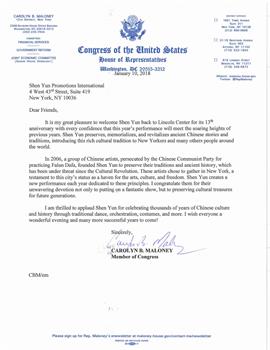 图6:国会众议员卡洛琳·马隆妮(Carolyn B. Maloney) 给2019纽约神韵演出的贺函。