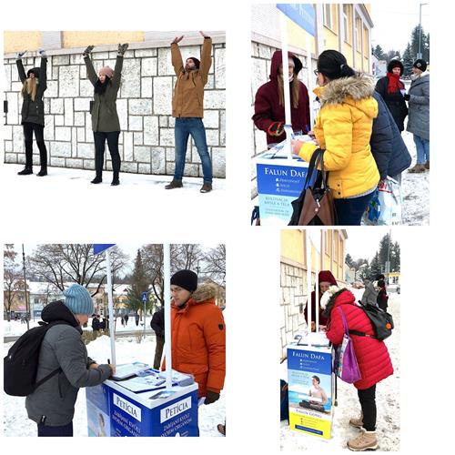 '图3:冰天雪地中,斯洛伐克法轮功学员在中部城市汗德罗瓦传播真相'