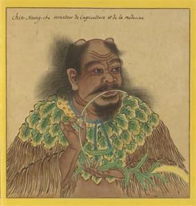 '神农氏像,出《Portraits de Chinois celebres》(历代帝王圣贤名臣大儒遗像),十八世纪绘制,法国国家图书馆藏。(公有领域)'