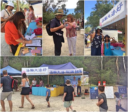 图1: 二零一九年三月二十四日,曼宁汉姆市议会(Manningham City Council)举办的年度节庆Warrandyte Festival 吸引万余市民和游客,图为法轮大法展位上,民众了解真相后在征签表上签名,以及美丽莲花带给孩子和家长的欣喜。