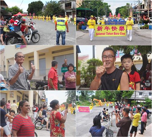 图6:二零一九年二月十日,大年初六下午四点半,法轮功学员在霹雳州华人聚集的拱桥新村(Kanthan Baru)举行新年游行,同样获得当地民众的欢迎,多人骑着摩托车或自行车追随观看,纷纷竖起拇指表示赞好。